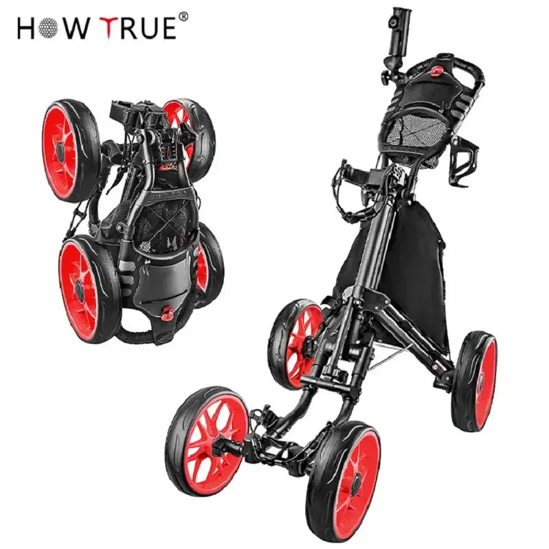 Folding Aluminum Alloy Golf Trolley 4 Wheels Golf Bag Pull Push Cart Umbrella Cup Holder Adjustable Trolley with Footbrake - YourGiftIdeasUK