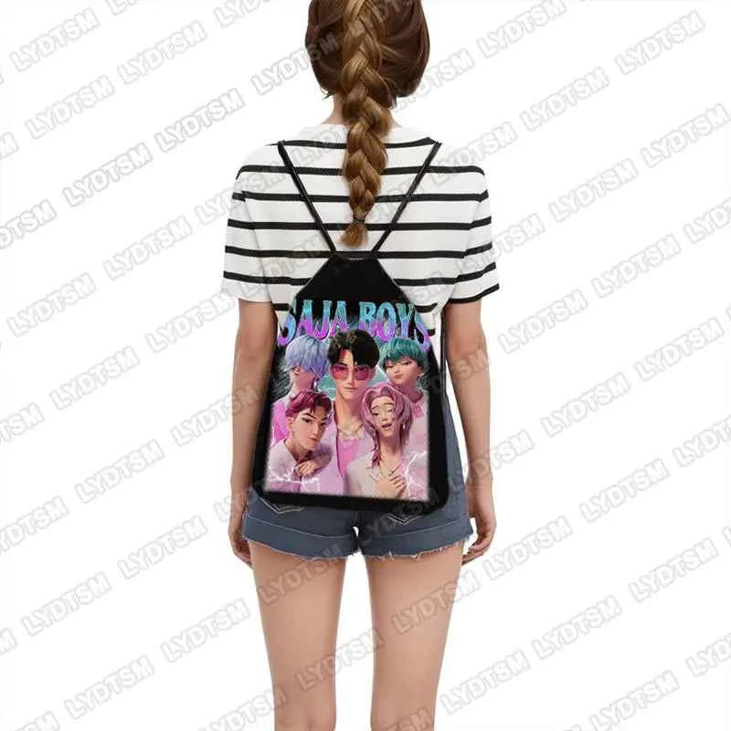 KPop Demon Hunters Print Drawstring Bag Saja Boys Daypack Mira Rumi Zoey Storage Bags for Travel Teenager Women Backpacks