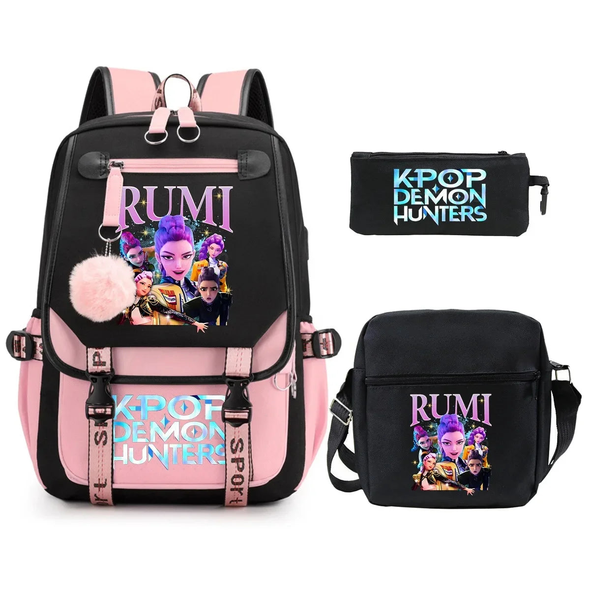 KPop Demon Hunters Student Backpack Single Shoulder Bag Casual Pencil Case Three Piece Set Oxford Cloth Unisex Backpack