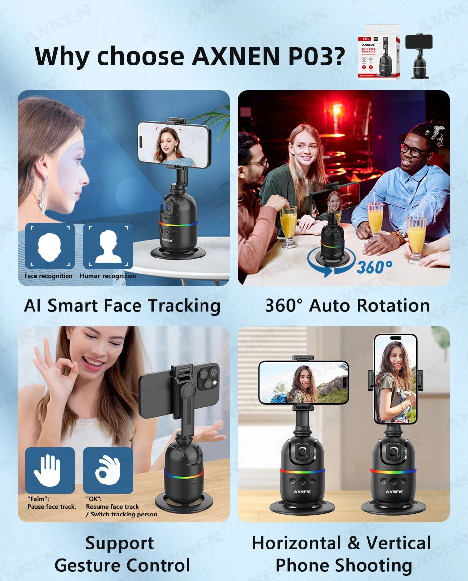 Smart Auto Face Tracking Desktop AI Gimbal for Smartphone & Action Camera 360 Rotation Follow Focus Vlog Kit, Option with Tripod