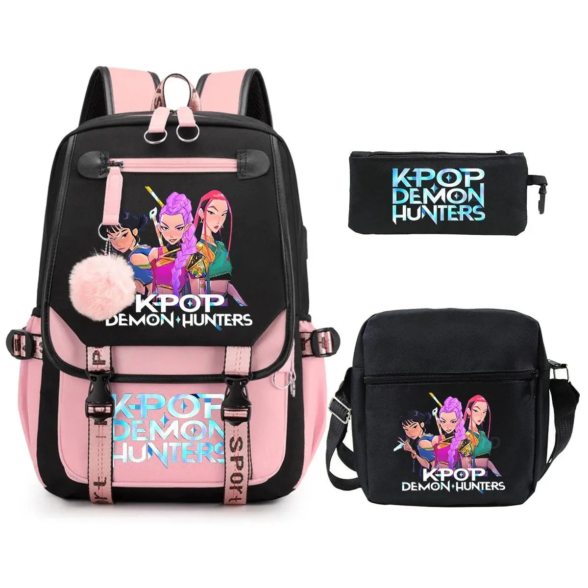 KPop Demon Hunters Student Backpack Single Shoulder Bag Casual Pencil Case Three Piece Set Oxford Cloth Unisex Backpack