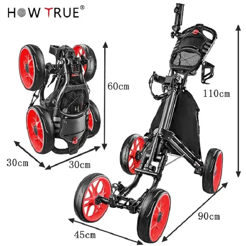Folding Aluminum Alloy Golf Trolley 4 Wheels Golf Bag Pull Push Cart Umbrella Cup Holder Adjustable Trolley with Footbrake - YourGiftIdeasUK