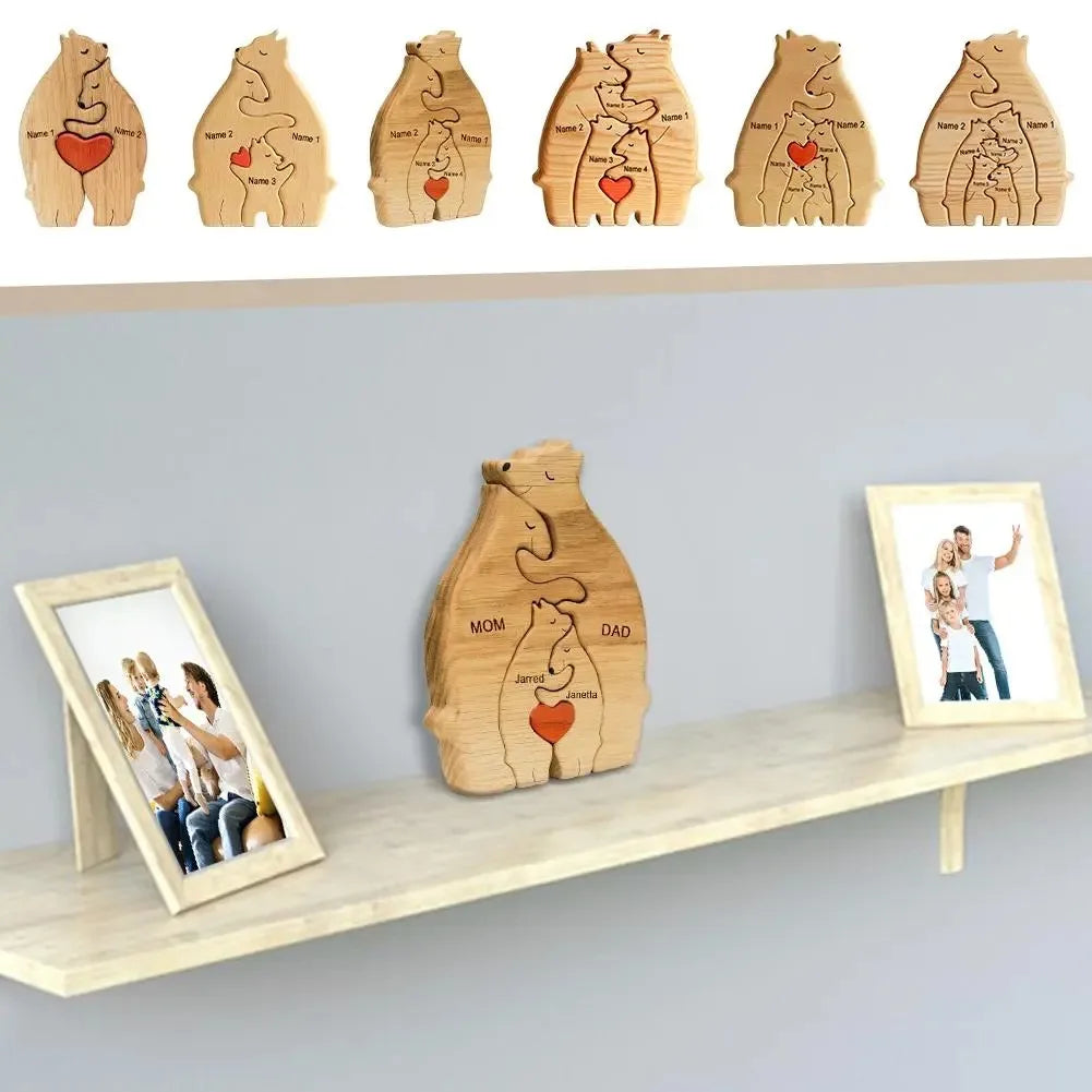 Art Wooden Bear Family Puzzle Personalized Name Custom Home Decor Christmas Heartwarming Gift for Parents