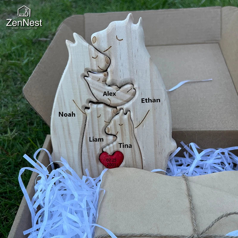 Art Wooden Bear Family Puzzle Personalized Name Custom Home Decor Christmas Heartwarming Gift for Parents