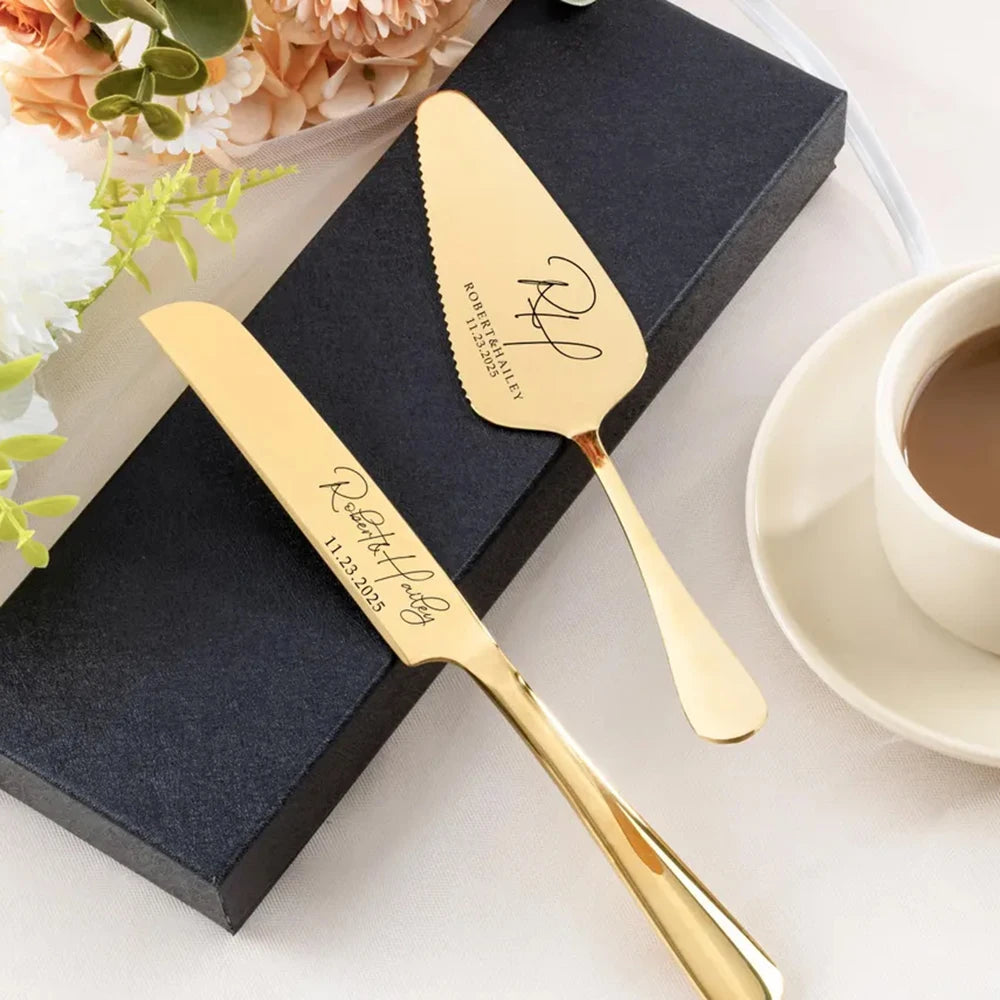 1Set Personalised Cake Knife Shovel Custom Wedding Gift Gold/Silver Cutting Server Set Engraved Birthday Party Cake Dinner Decor - YourGiftIdeasUK
