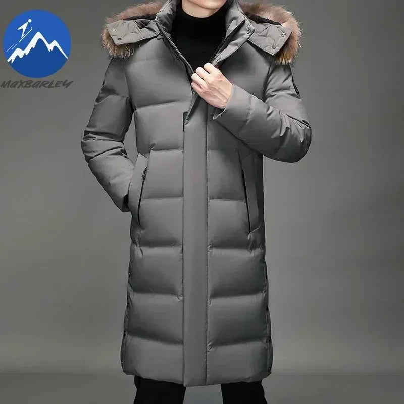 Luxury Long Down Jacket Men's Winter Korean Style Detachable Fur Collar Cap White Duck Down Warm Coat Brand Lightweight Parka