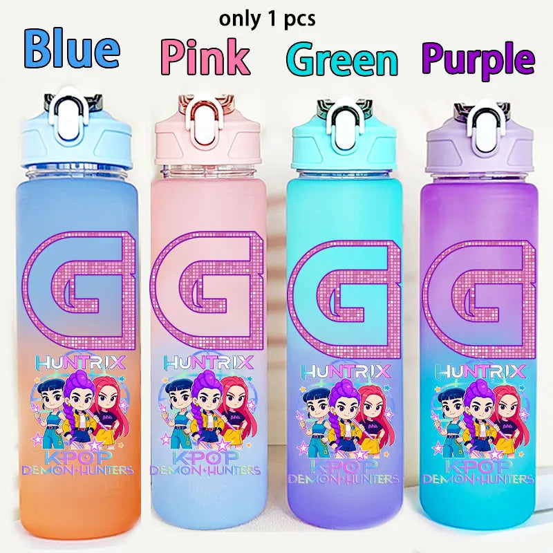750ML Straw Plastic Water Bottle K-Pop Demon Hunters Letter Children's Anime Gradient Water Bottle Birthday Gift Rumi Mira Zoey - YourGiftIdeasUK