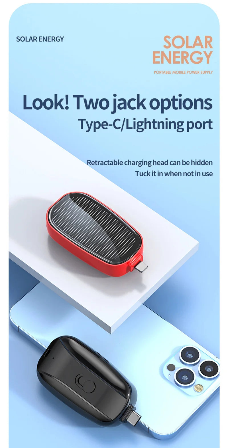 Solar Mini Power Bank Key Ring Portable Charger Compact Outdoor Camping External Battery Emergent Phone Powerbank 1200mAh 2025