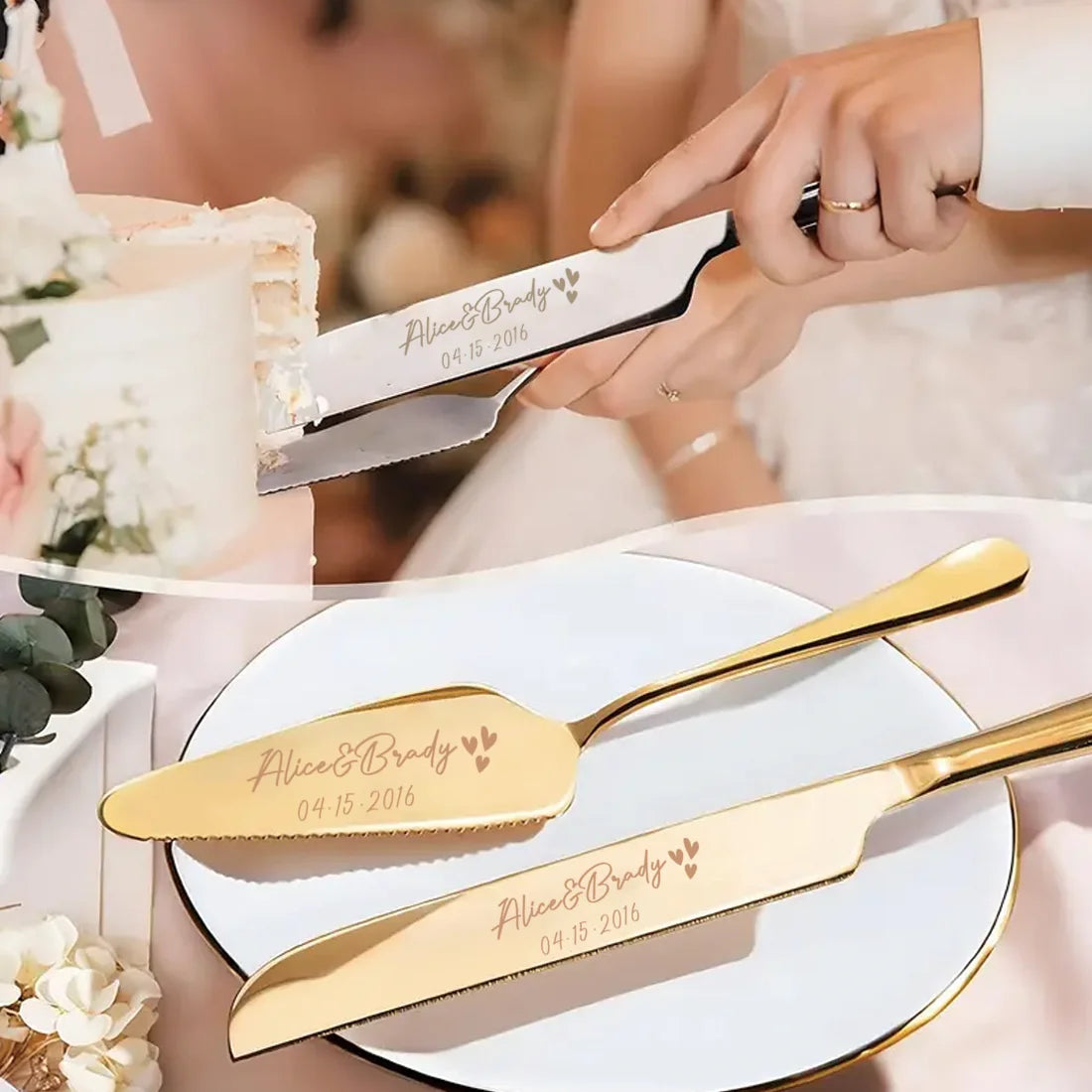 2pc custom engraved stainless steel cake knife set gift box, suitable for weddings, birthdays, all kinds of parties