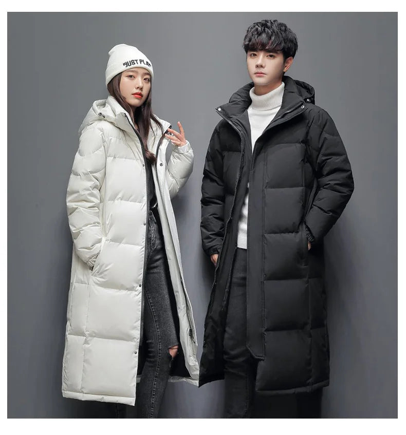 Men's Winter Long Down Jacket Brand Trendy Solid Color Hooded White Duck Down Parka Women Outdoor Ski Clothes Lightweight Coat