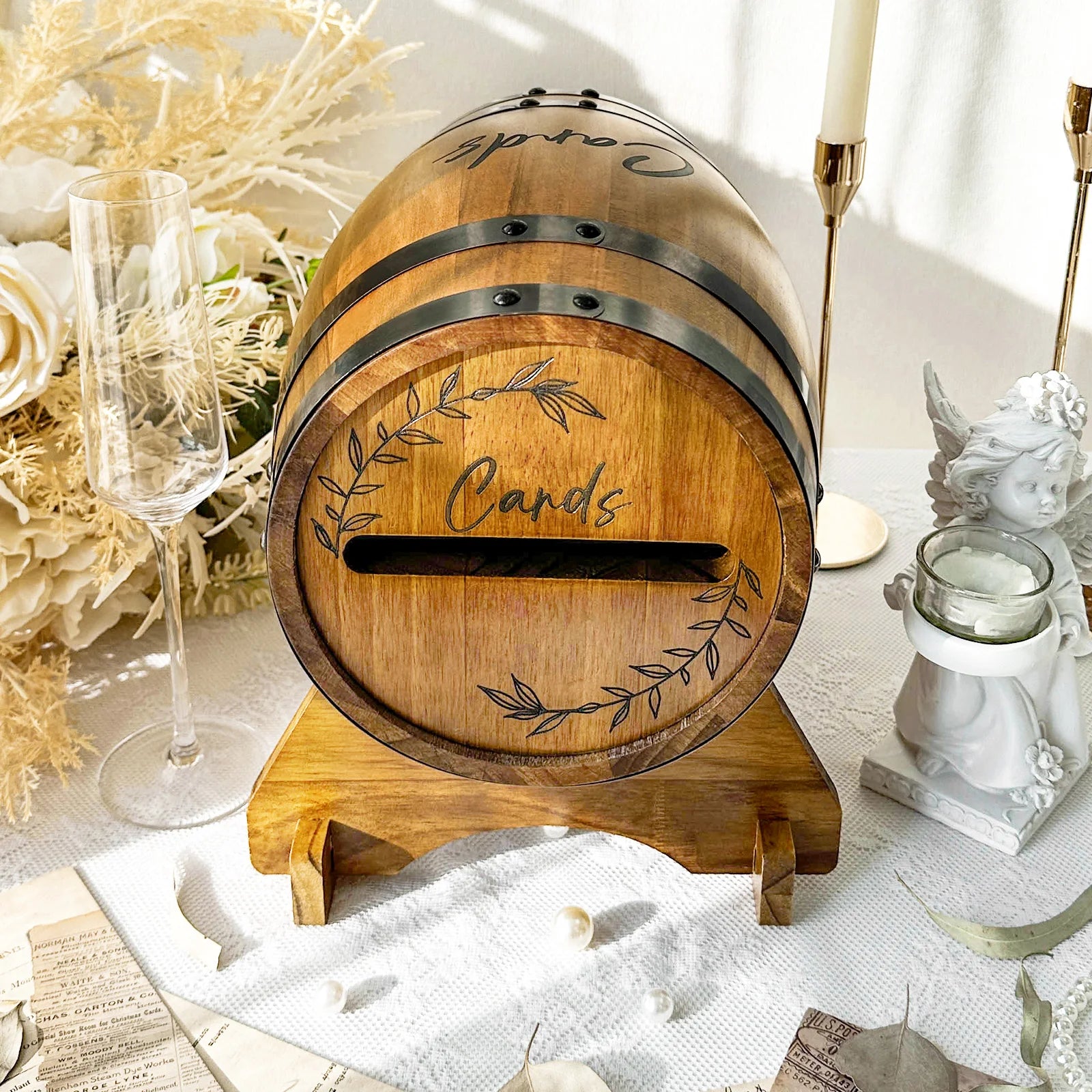 OurWarm Wooden wedding card box with base, brown whiskey barrel gift card box, suitable for graduation ceremony, baby shower