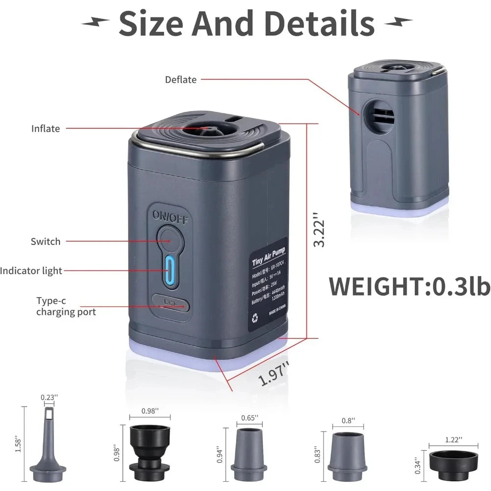 Mini Portable Air Pump with 1300mAh Battery USB Rechargeable to Inflate Deflate for Pool Floats, Air Bed, Vacuum Storage Bags