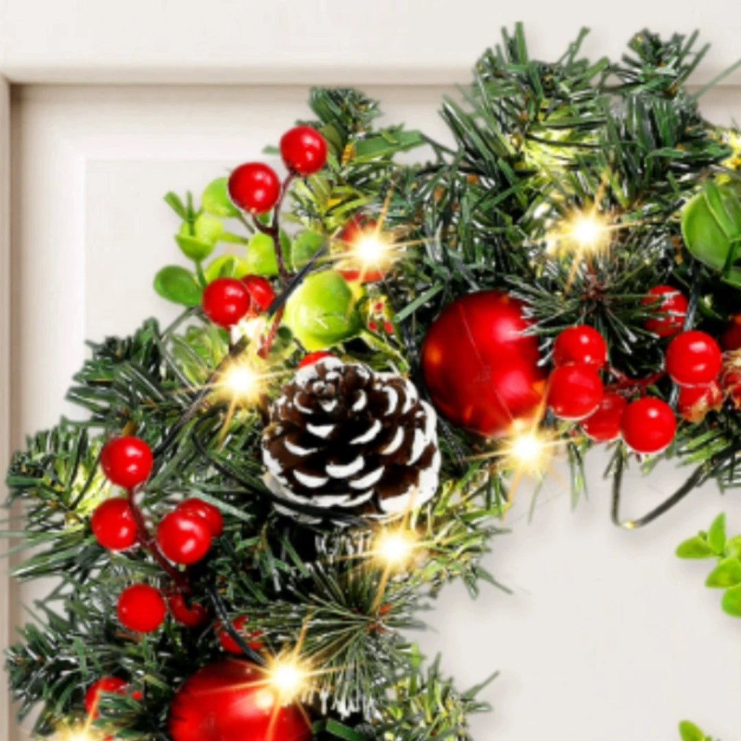 Elegant Red Christmas Wreath LED PVC Red Fruit Christmas Wreath Window Door Wall Ornament Decorations Home Halloween Decor Gifts - YourGiftIdeasUK