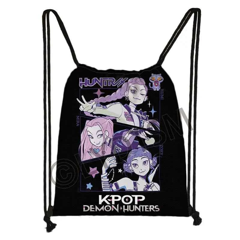 KPop Demon Hunters Print Drawstring Bag Saja Boys Daypack Mira Rumi Zoey Storage Bags for Travel Teenager Women Backpacks