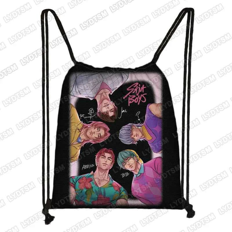 KPop Demon Hunters Print Drawstring Bag Saja Boys Daypack Mira Rumi Zoey Storage Bags for Travel Teenager Women Backpacks