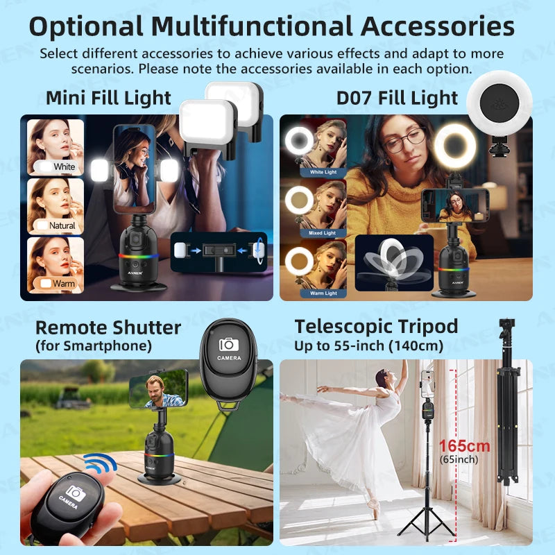 Smart Auto Face Tracking Desktop AI Gimbal for Smartphone & Action Camera 360 Rotation Follow Focus Vlog Kit, Option with Tripod