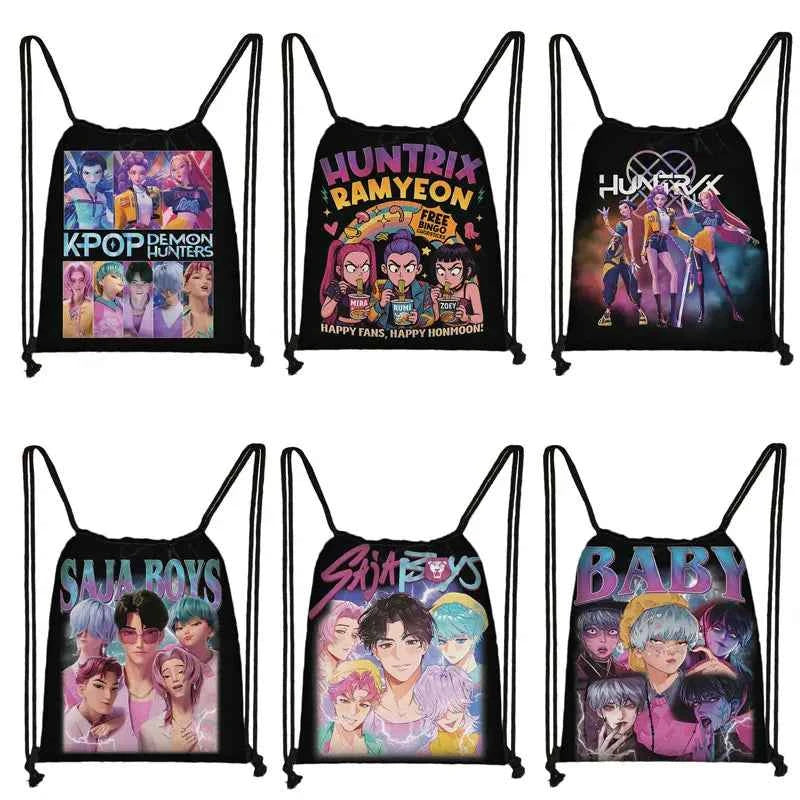 KPop Demon Hunters Print Drawstring Bag Saja Boys Daypack Mira Rumi Zoey Storage Bags for Travel Teenager Women Backpacks