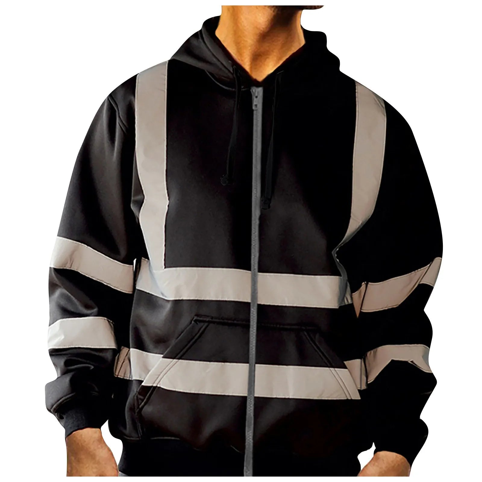 Men Reflective Stripe Hoodie Sweatshirt Long Sleeve Fitting Zipper Hooded Pullover Sanitation Workers Work Clothes Sweatshirt