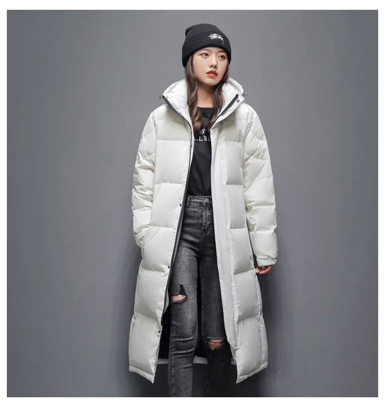 Men's Winter Long Down Jacket Brand Trendy Solid Color Hooded White Duck Down Parka Women Outdoor Ski Clothes Lightweight Coat