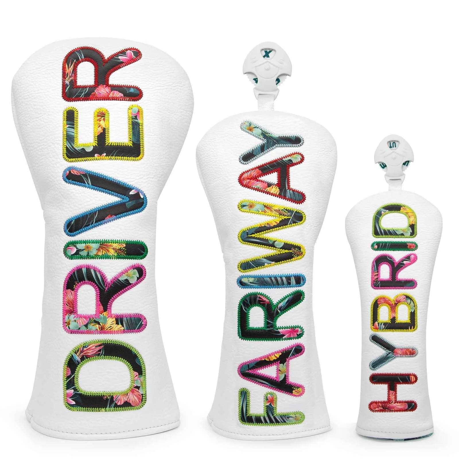 White Premium Leather Golf Head Cover Elegant Embroidery High Quality Golf Club Driver Head Covers  Fariway Wood Covers Hybrid