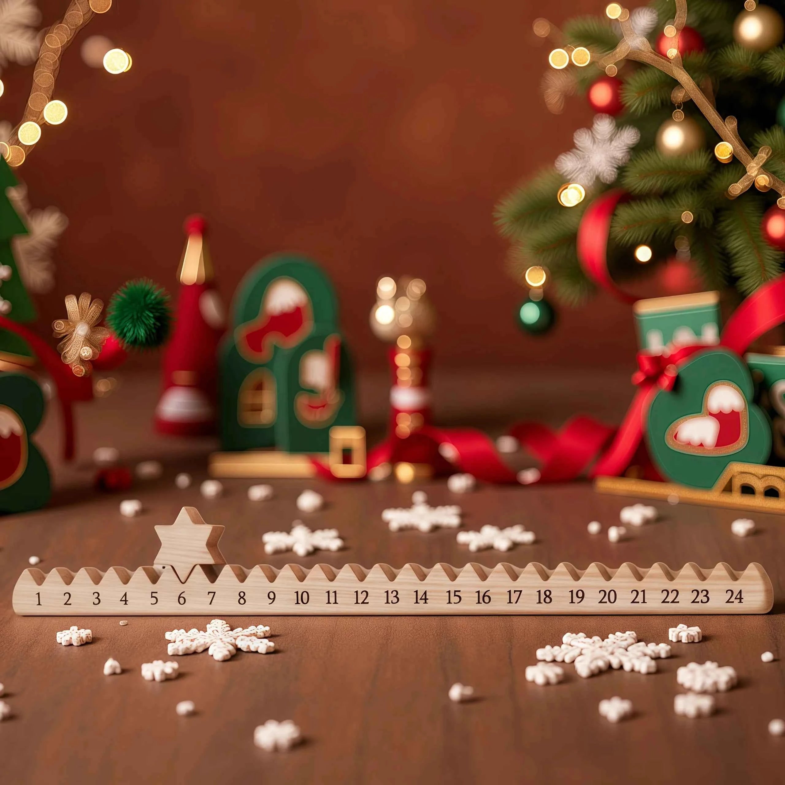 Wooden Christmas Countdown Calendar with Stars- Artificial Wood Advent Calendar for Home & Family,Christmas Gift,Christmas Decor
