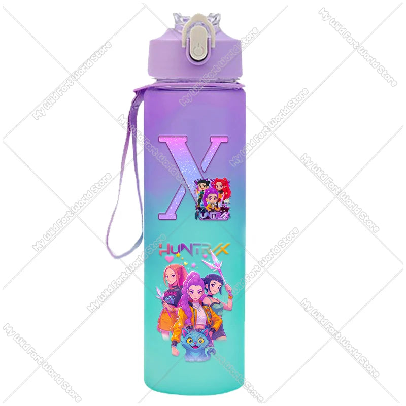 KPop Demon Hunters Gradient Water Bottles 750ml Letter A-Z Girl Straw Drinking Cups Portable High-capacity Outdoor Drink Bottle - YourGiftIdeasUK