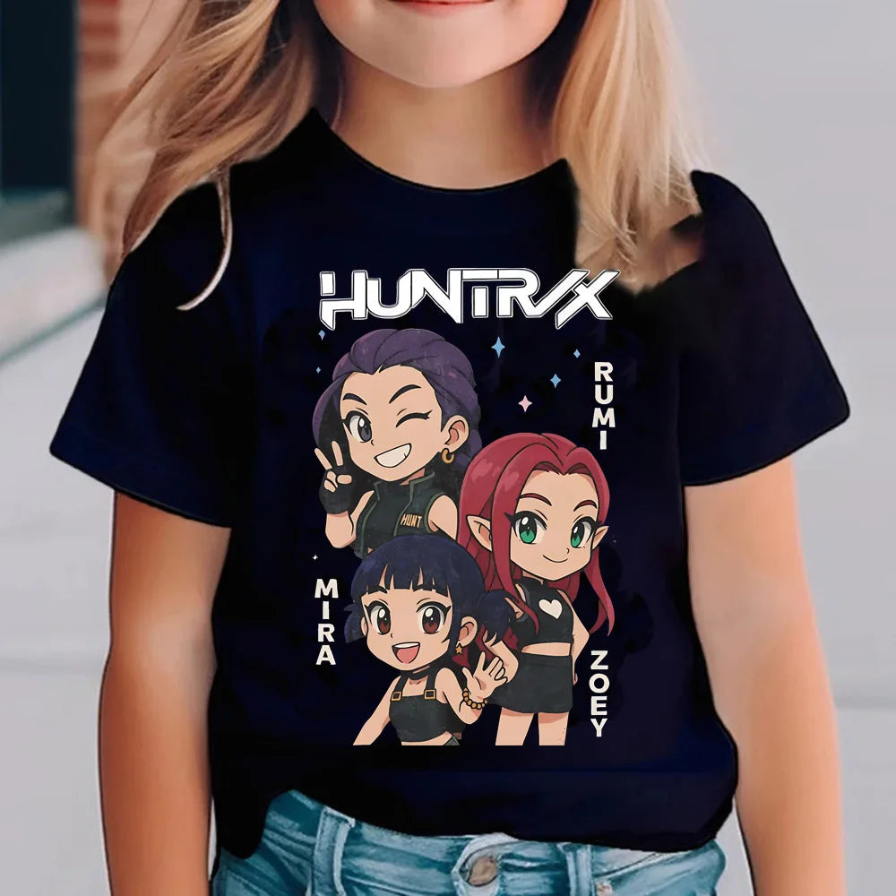 KPop Demon Hunters T-shirts for Children Anime Cartoon Short Sleeved Shirt Boys Girls Summer Fashion Top Kids Clothes Gifts