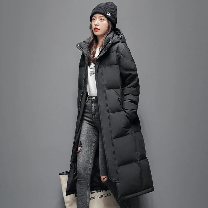 Men's Winter Long Down Jacket Brand Trendy Solid Color Hooded White Duck Down Parka Women Outdoor Ski Clothes Lightweight Coat