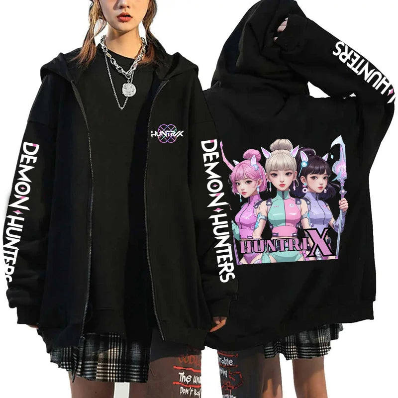 Hot Kpop Demon Hunters Mira Rumi Zoey Print Hoodie Fashion Harajuku Zipper Hoodies Women Men Sweatshirt Long Sleeve Casual Tops
