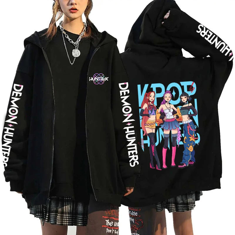 Hot Kpop Demon Hunters Mira Rumi Zoey Print Hoodie Fashion Harajuku Zipper Hoodies Women Men Sweatshirt Long Sleeve Casual Tops