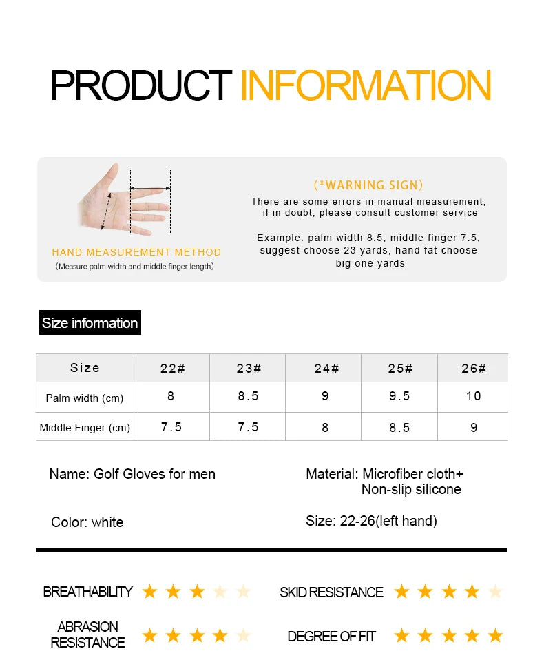 Pack 1 Person Golf Gloves Men's Left Hand Soft Breathable Pure Sheepskin Non-slip Pellet Golf Gloves Golf Men 22/23/24/25/26