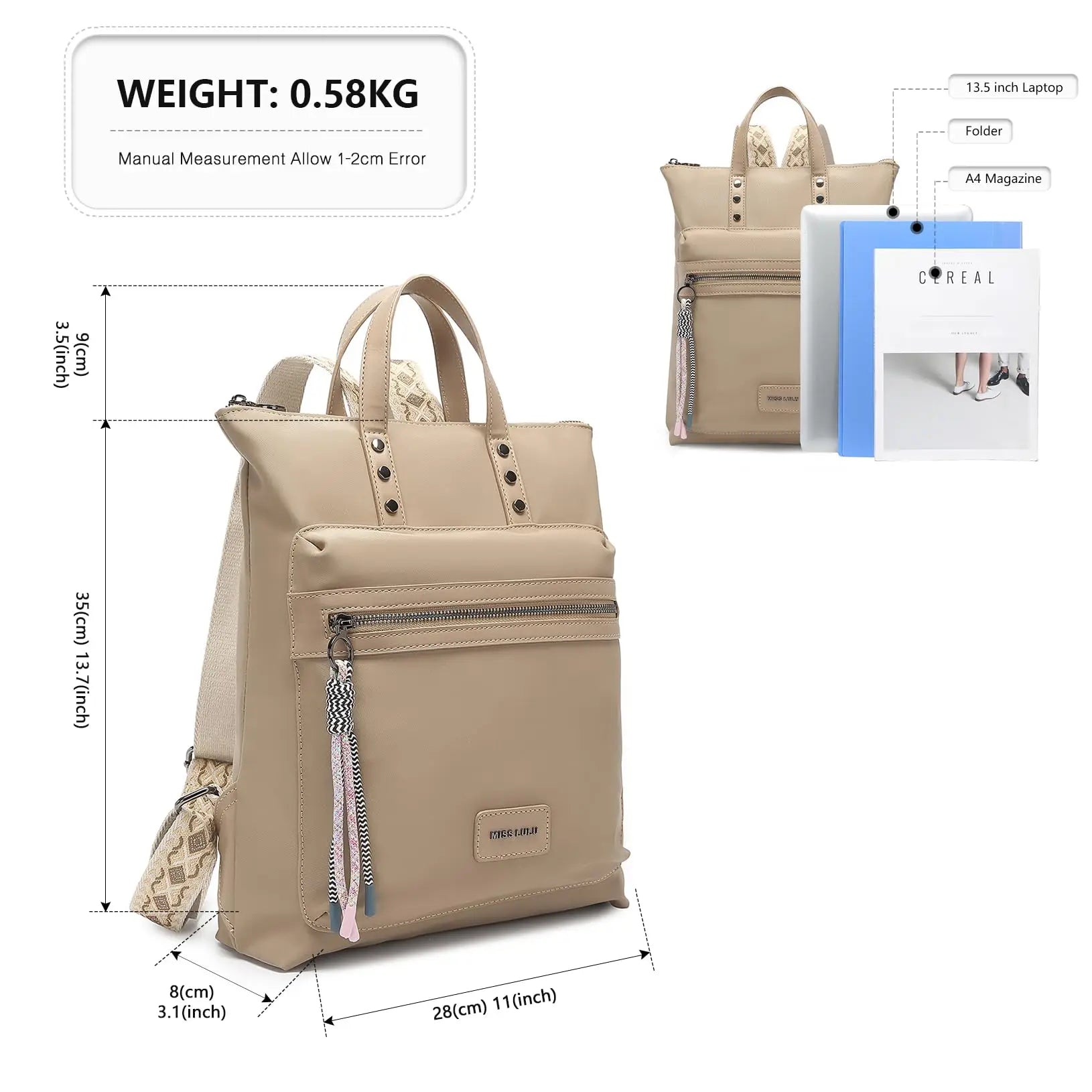 Miss Lulu Women Frauen Mode-Rucksack Backpack, L28W8H35cm