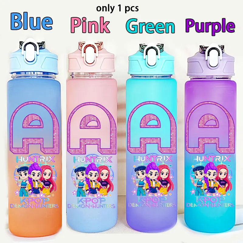 750ML Straw Plastic Water Bottle K-Pop Demon Hunters Letter Children's Anime Gradient Water Bottle Birthday Gift Rumi Mira Zoey - YourGiftIdeasUK