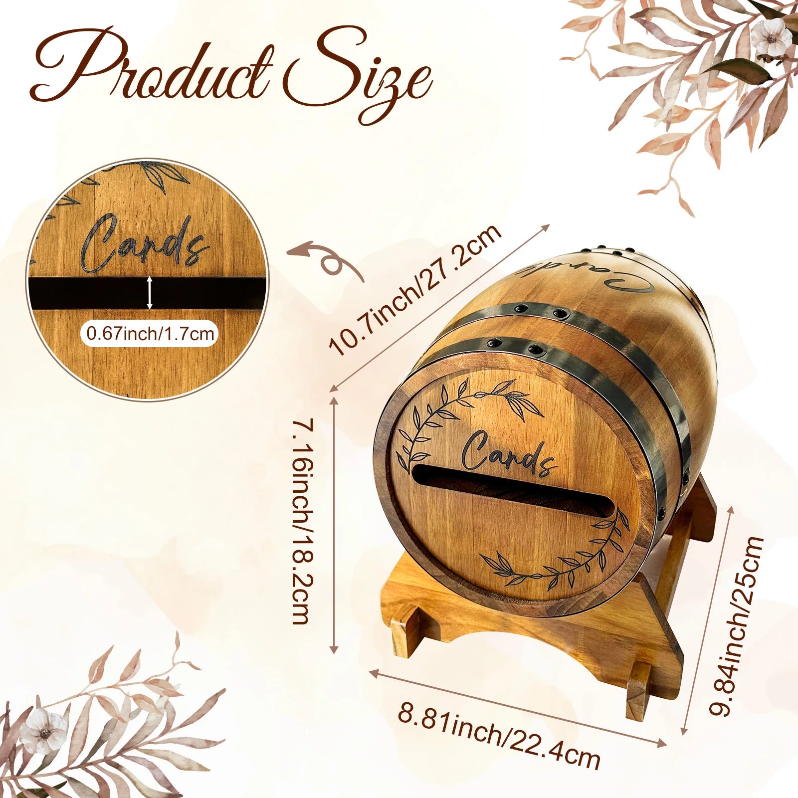 OurWarm Wooden wedding card box with base, brown whiskey barrel gift card box, suitable for graduation ceremony, baby shower