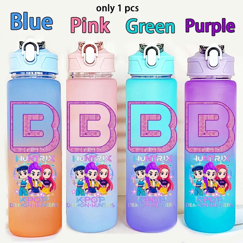 750ML Straw Plastic Water Bottle K-Pop Demon Hunters Letter Children's Anime Gradient Water Bottle Birthday Gift Rumi Mira Zoey - YourGiftIdeasUK