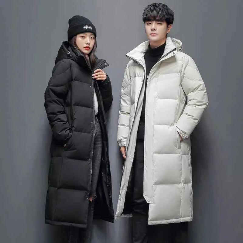 Men's Winter Long Down Jacket Brand Trendy Solid Color Hooded White Duck Down Parka Women Outdoor Ski Clothes Lightweight Coat