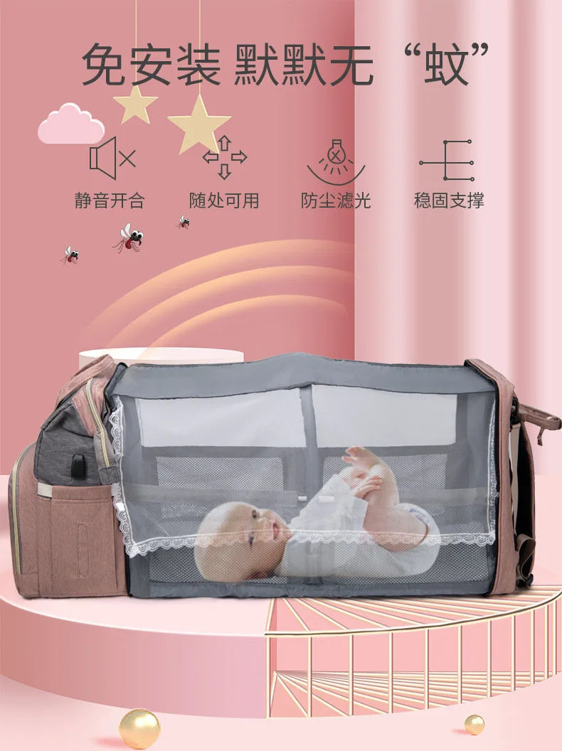 Multifunctional Mother and Baby Bag Mom Bag Bottle Backpack 2024 New Folding Sleeping Changing Bag Diaper Backpack