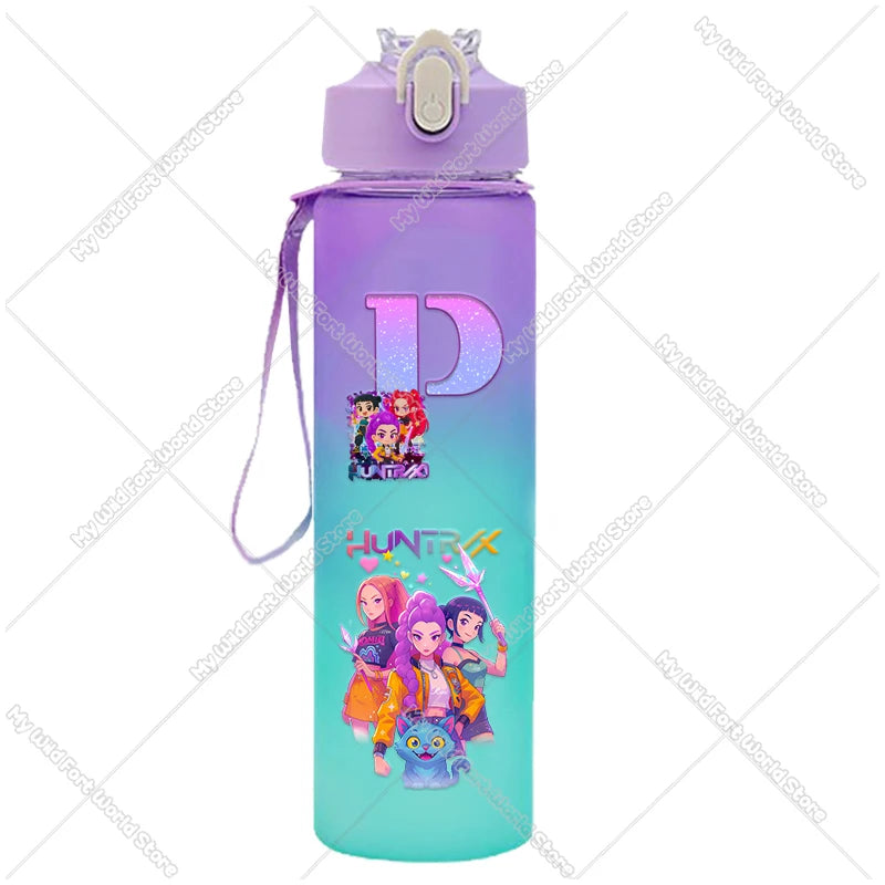 KPop Demon Hunters Gradient Water Bottles 750ml Letter A-Z Girl Straw Drinking Cups Portable High-capacity Outdoor Drink Bottle - YourGiftIdeasUK