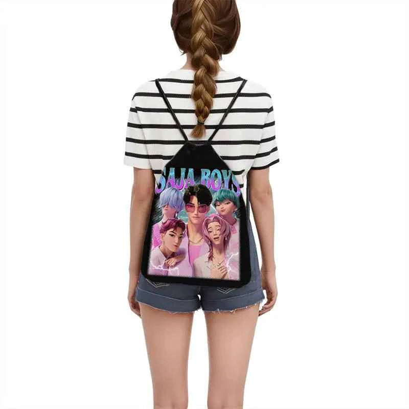 KPop Demon Hunters Print Drawstring Bag Saja Boys Daypack Mira Rumi Zoey Storage Bags for Travel Teenager Women Backpacks