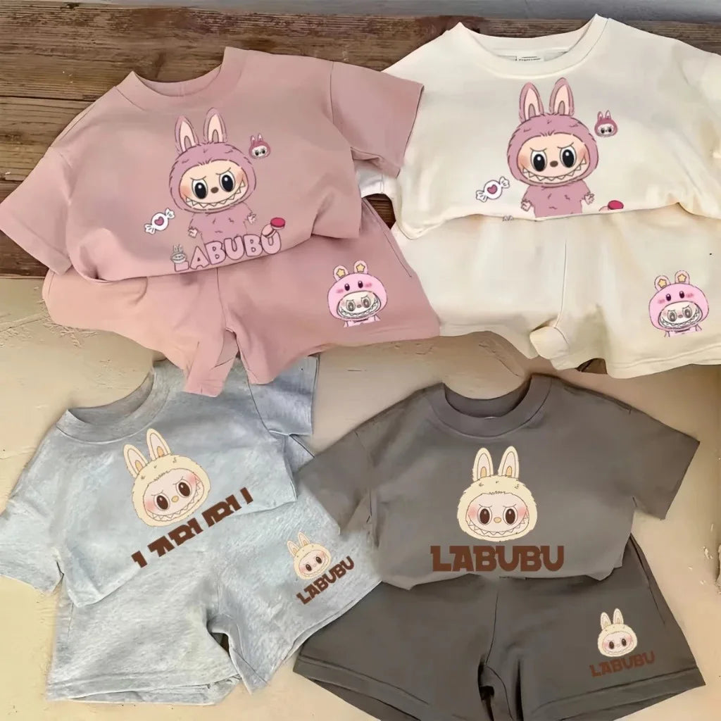 Children's Cartoon Short-Sleeved Suit Summer New T-Shirt Shorts Two-Piece Set in Small Children Loose Fashion Sports Suit