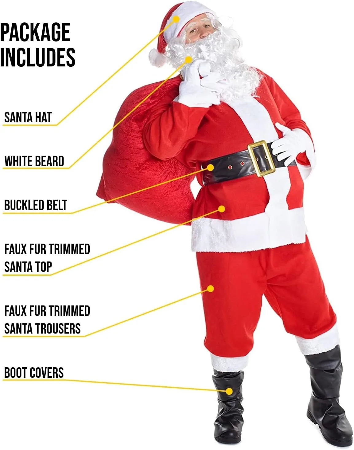 Christmas Santa Claus Costume Men's Luxurious Long Plush Gold Velvet Set Red Gift Bag Set of 8 Pieces