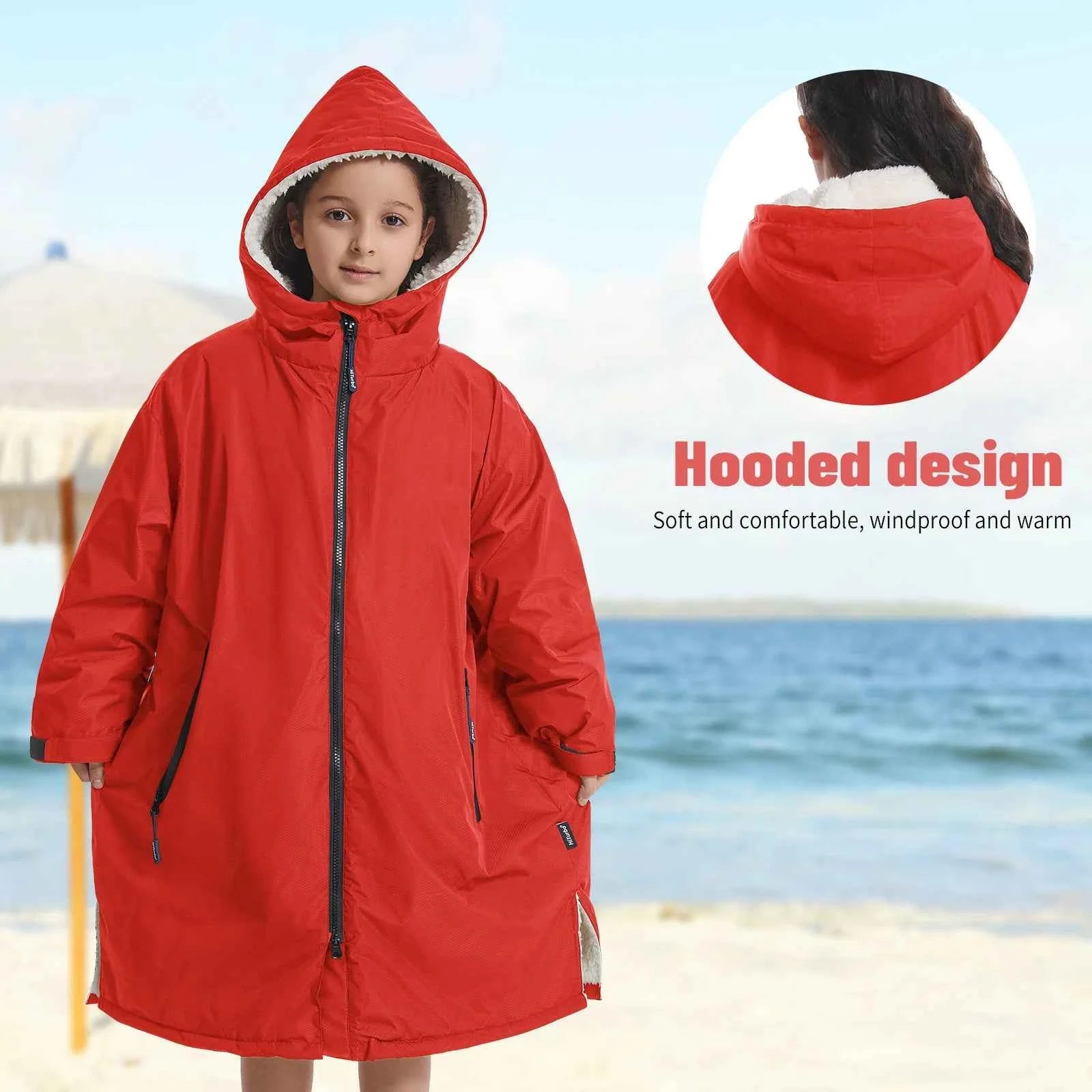 Waterproof Kids Changing Robe, Fluffy Wearable Blanket, Warm Soft Towel Hoodie , Swim Surf Poncho for 5-12 Years
