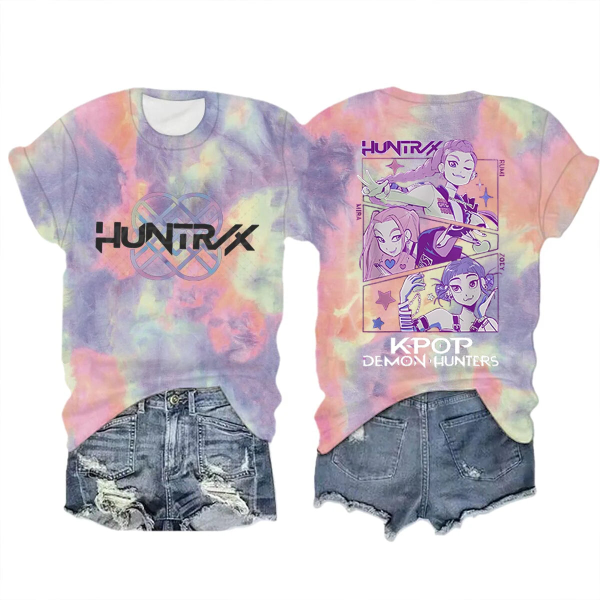 Anime K-Pop Demon Hunters T-shirt Tops Tie-dye Men's Women's Clothing Round Neck Short Sleeve T-shirt Street Style T-shirts