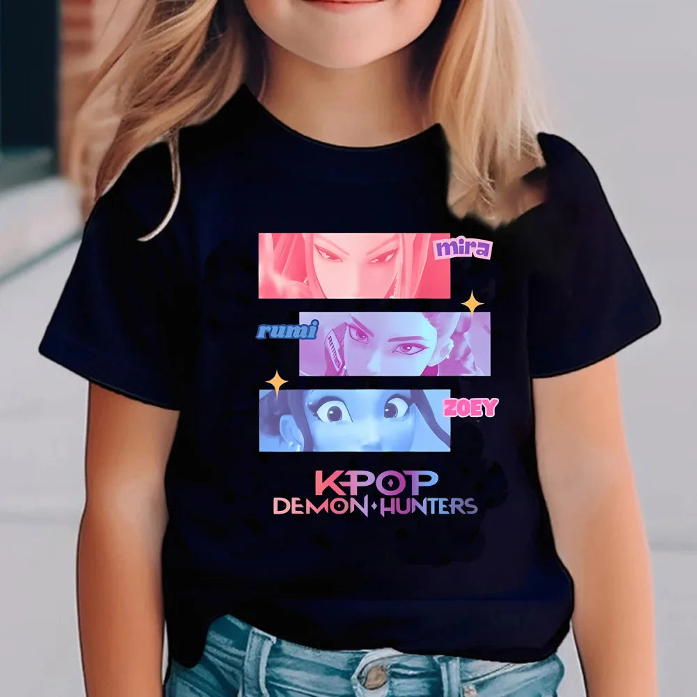 KPop Demon Hunters T-shirts for Children Anime Cartoon Short Sleeved Shirt Boys Girls Summer Fashion Top Kids Clothes Gifts