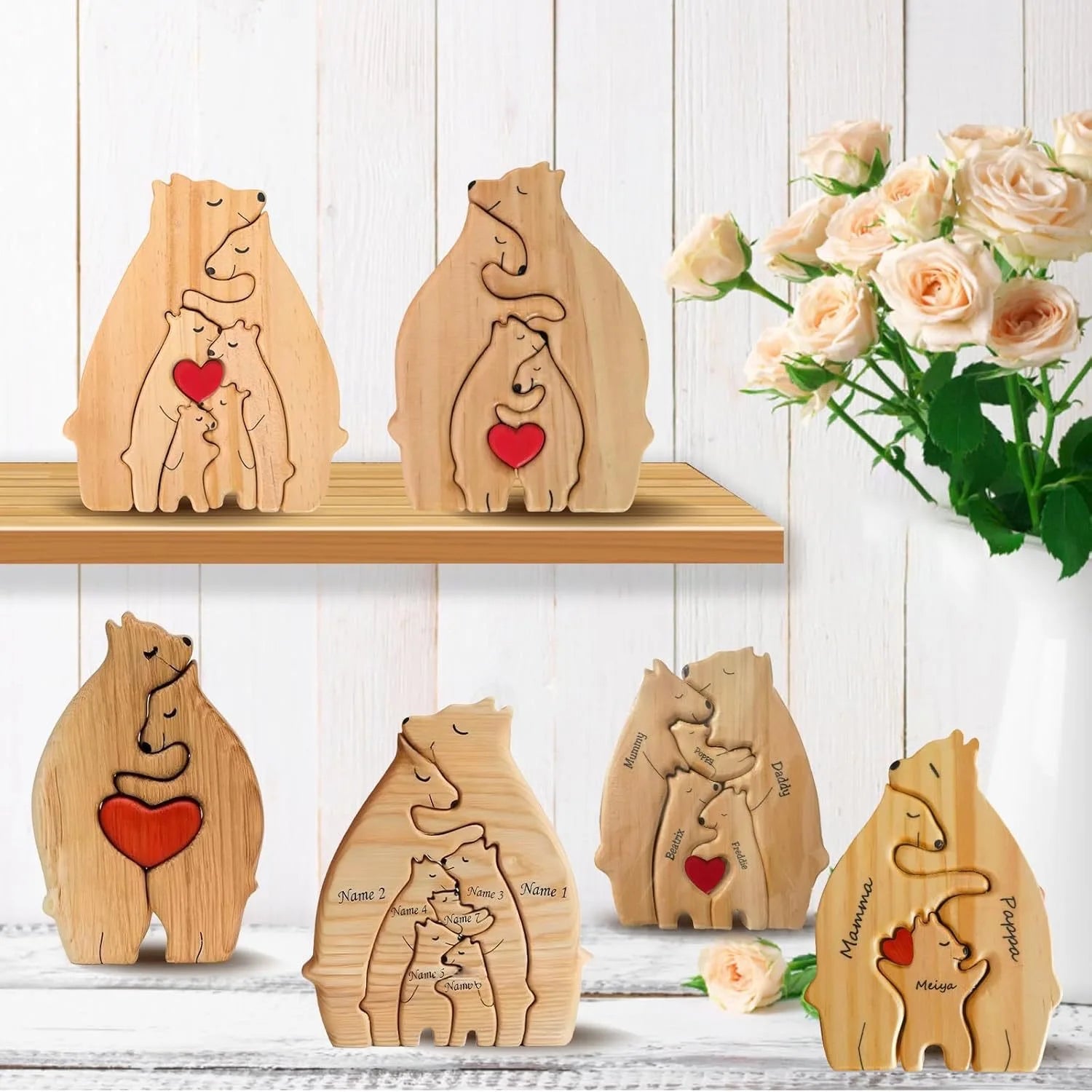 Art Wooden Bear Family Puzzle Personalized Name Custom Home Decor Christmas Heartwarming Gift for Parents