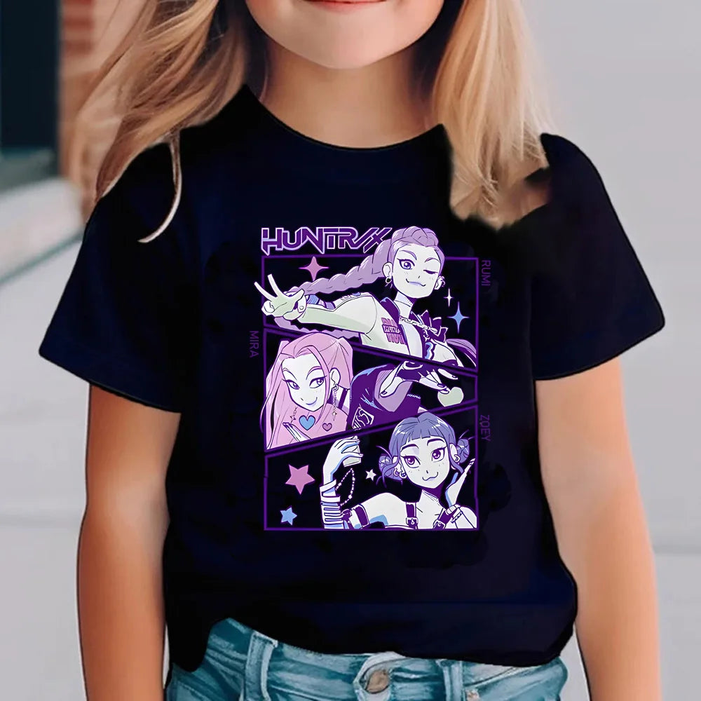KPop Demon Hunters T-shirts for Children Anime Cartoon Short Sleeved Shirt Boys Girls Summer Fashion Top Kids Clothes Gifts