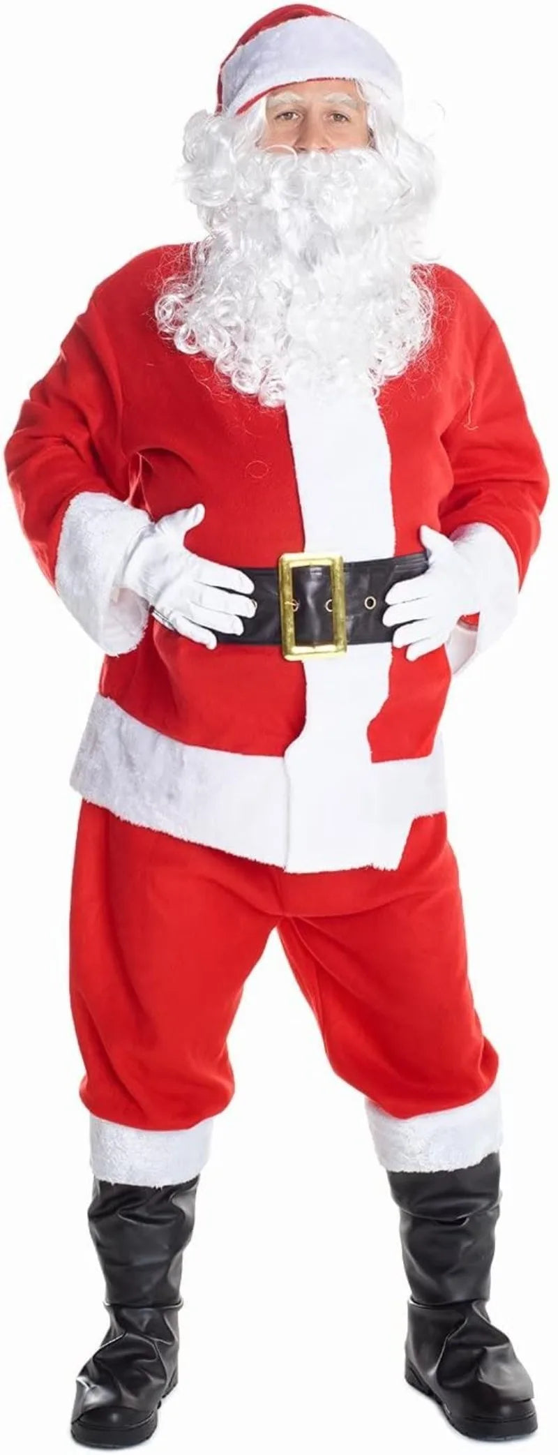 Christmas Santa Claus Costume Men's Luxurious Long Plush Gold Velvet Set Red Gift Bag Set of 8 Pieces