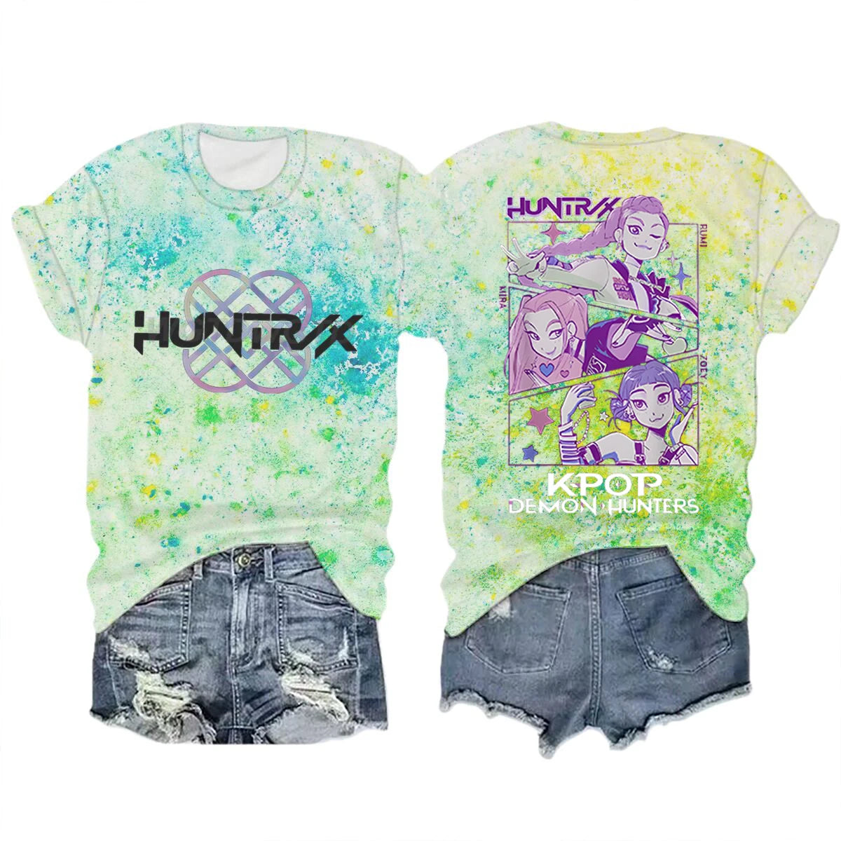Anime K-Pop Demon Hunters T-shirt Tops Tie-dye Men's Women's Clothing Round Neck Short Sleeve T-shirt Street Style T-shirts