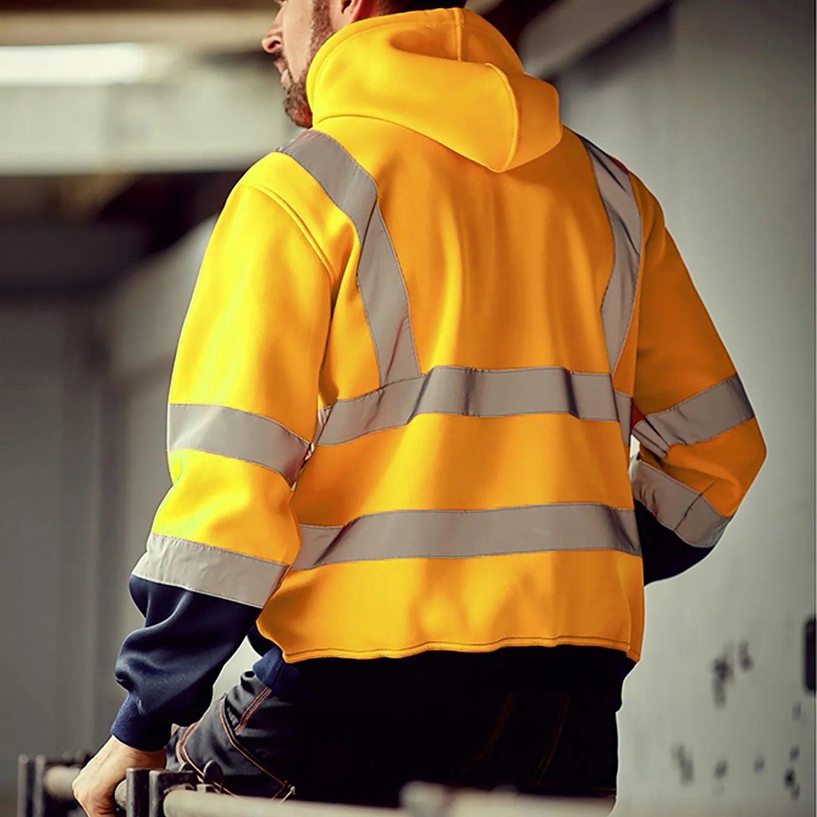 Men Reflective Stripe Hoodie Sweatshirt Long Sleeve Fitting Zipper Hooded Pullover Sanitation Workers Work Clothes Sweatshirt