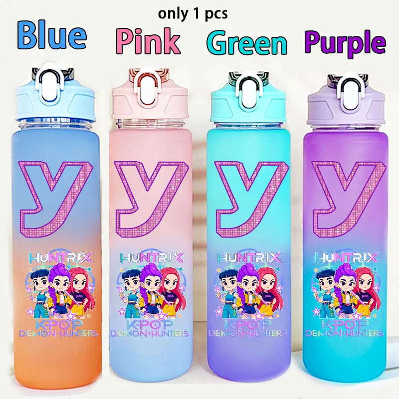750ML Straw Plastic Water Bottle K-Pop Demon Hunters Letter Children's Anime Gradient Water Bottle Birthday Gift Rumi Mira Zoey - YourGiftIdeasUK